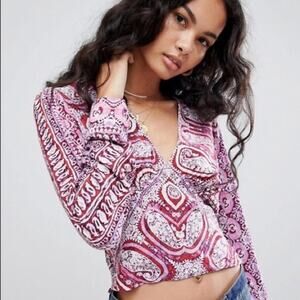 Free People Wild & Free Paisley Blouse S Red Boho V Neck Crop Top